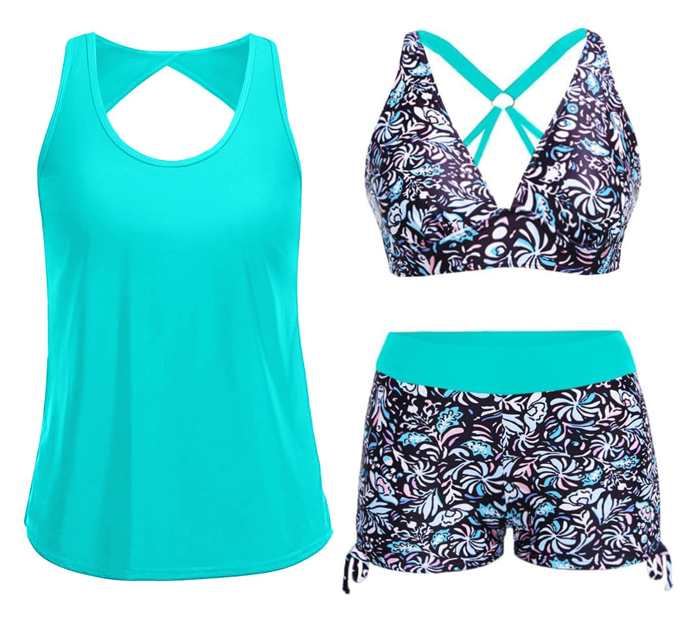 Yonique 3 Piece Tankini Swimsuits for Women Swim Tank Top Bathing Suits with Boy Shorts and Bra Athletic Swimwear