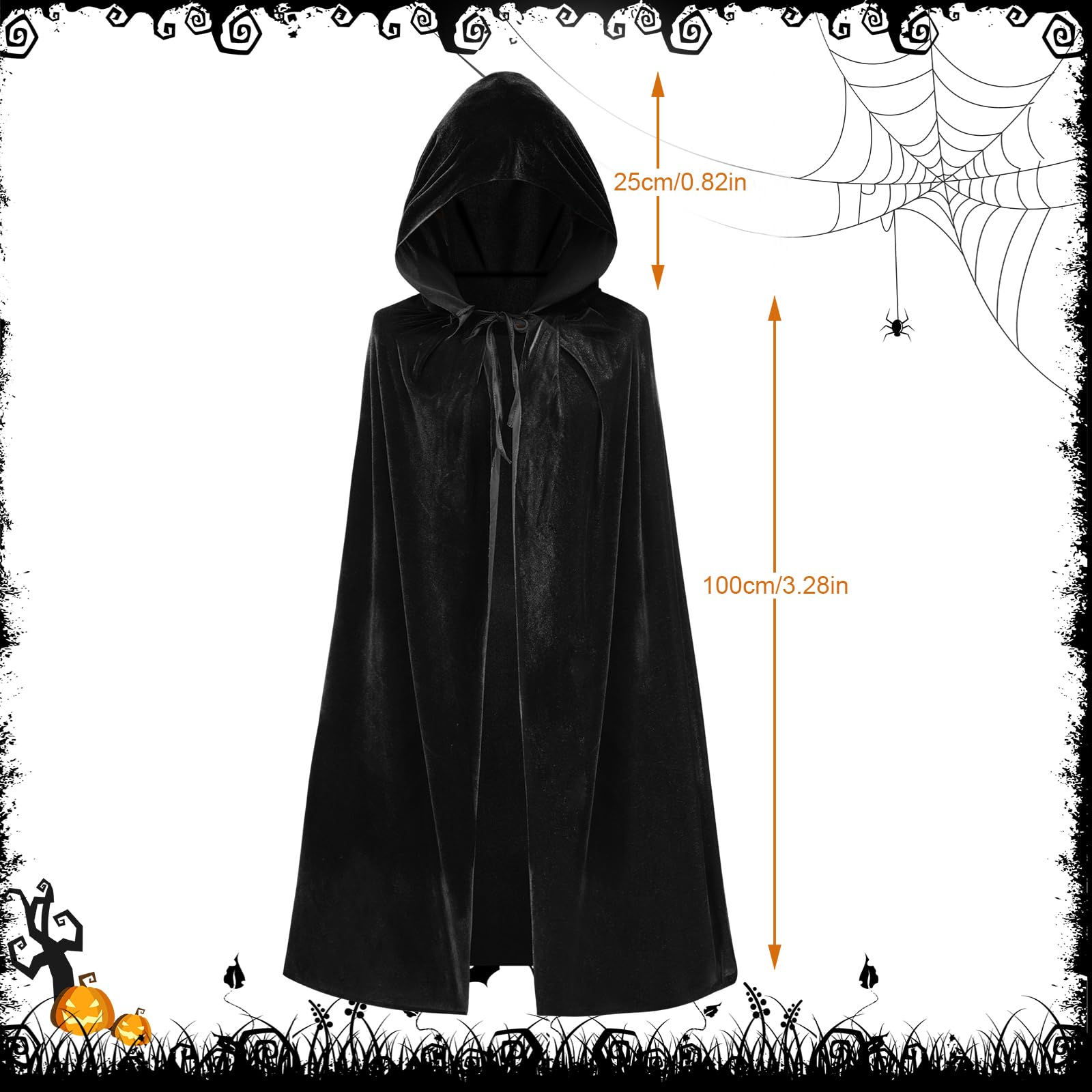 Mantello Halloween Bambini 100cm - Velluto Nero Con Cappuccio - Costume Strega/Mago