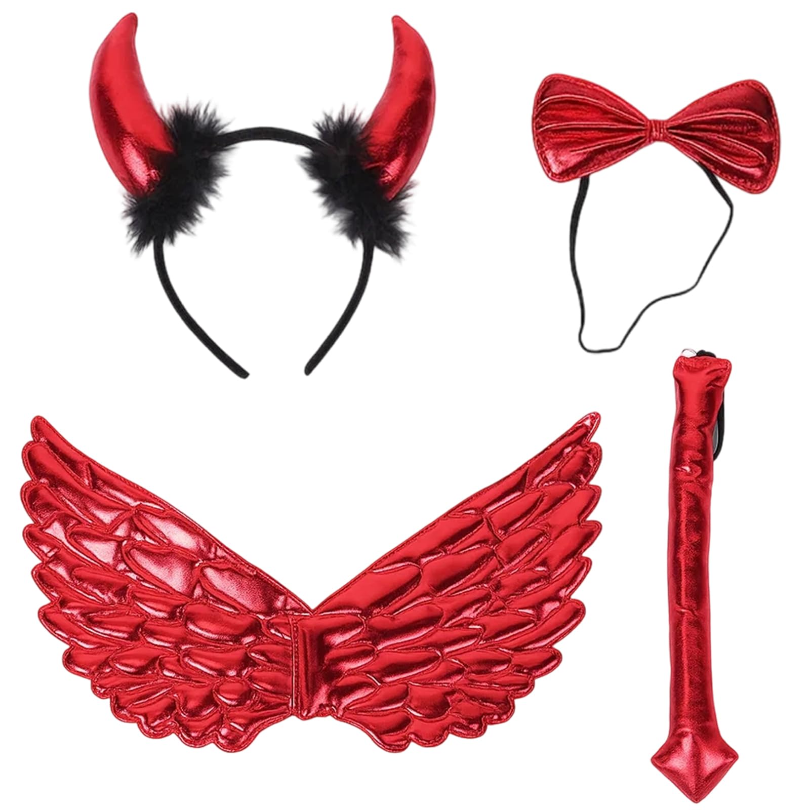 4 Pcs Devil Costume Set, Devil Horns Headband with Red Wings, Tail and Pitchfork, Devil Halloween Costume for Women and Girls, Cosplay Accessories for Halloween Themed Parties and Performances