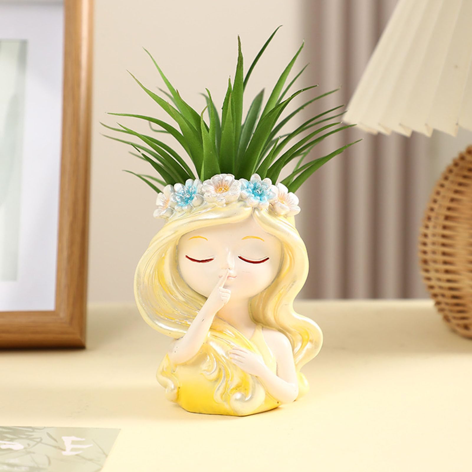 Cute Plant Pot, 9 cm Garland Girl Figurine For Home & Office, Resin Funny Planter, Succulent Flower Pots Statue Decor, Unique Cactus Plant Lover Gift (Yellow)
