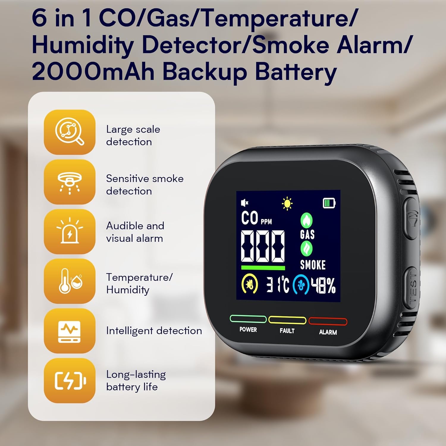 2 Packs 6-in-1 Carbon Monoxide Detectors Plug in, Natural Gas Detector,Smoke Alarm with Battery Backup, HD Digital Screen for CO, Gas, Temp, Humidity,Smoke - Image 7