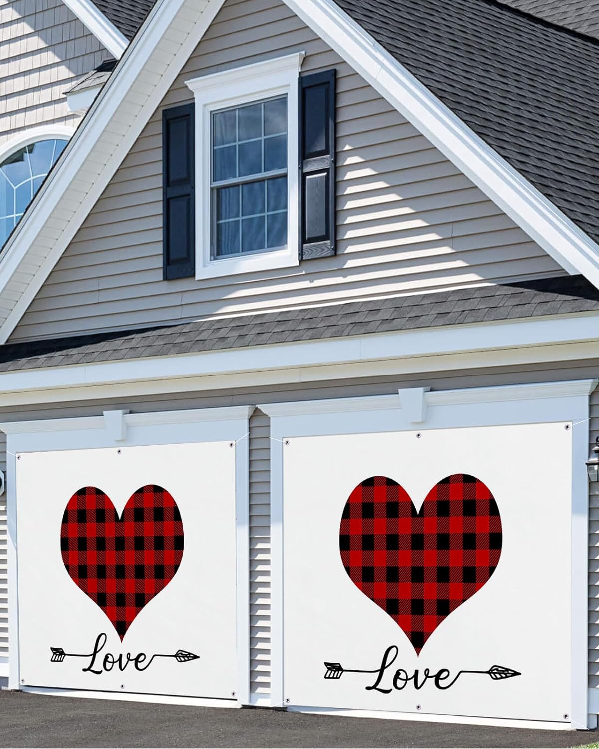 Garage Door Banner Decoration 7x16 Ft, Valentine's Day Red Plaid Heart Love Arrow Garage Door Cover Hanging Cloth Holiday Backdrop for Indoor Outdoor Wall Door House Background Decor