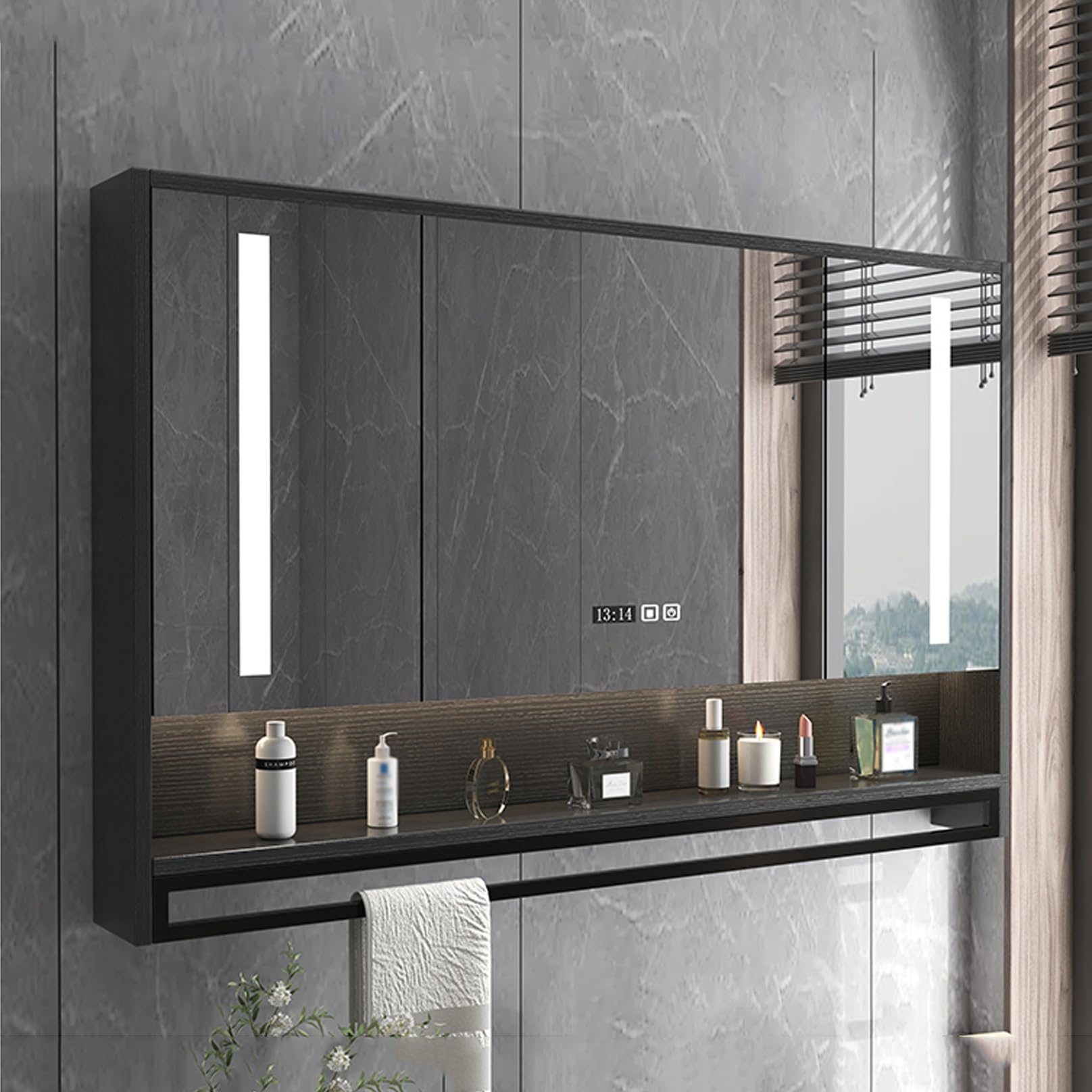 BKSXSOP Stylish Black Farmhouse Bathroom Mirror Cabinet with Storage - 90cm Vanity Medicine for Living Room & Functional Design Space-Saving Solution