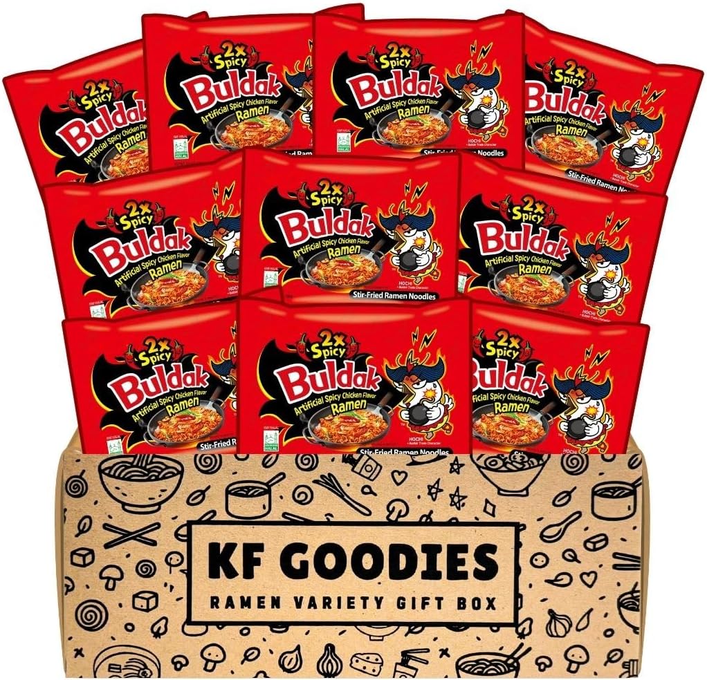 KF GOODIES Korean Ramen Variety Pack Gift Box (10 Count) – Spicy Buldak Noodle Assortment for Birthdays, College Care Packages, Office Snacks, and Gift Baskets