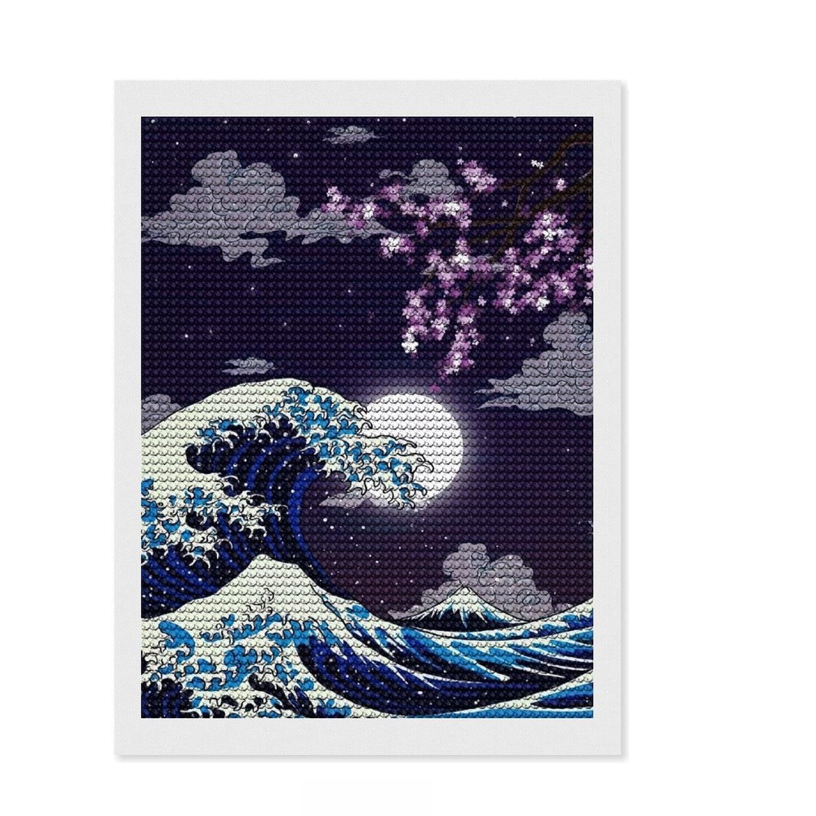 Junmoney Great Wave Cherry Blossom Night DIY Diamond Art Canvas Kit 12"x16", Mindful Craft Activity, Calming Craft to Unwind, Vintage Style Decor