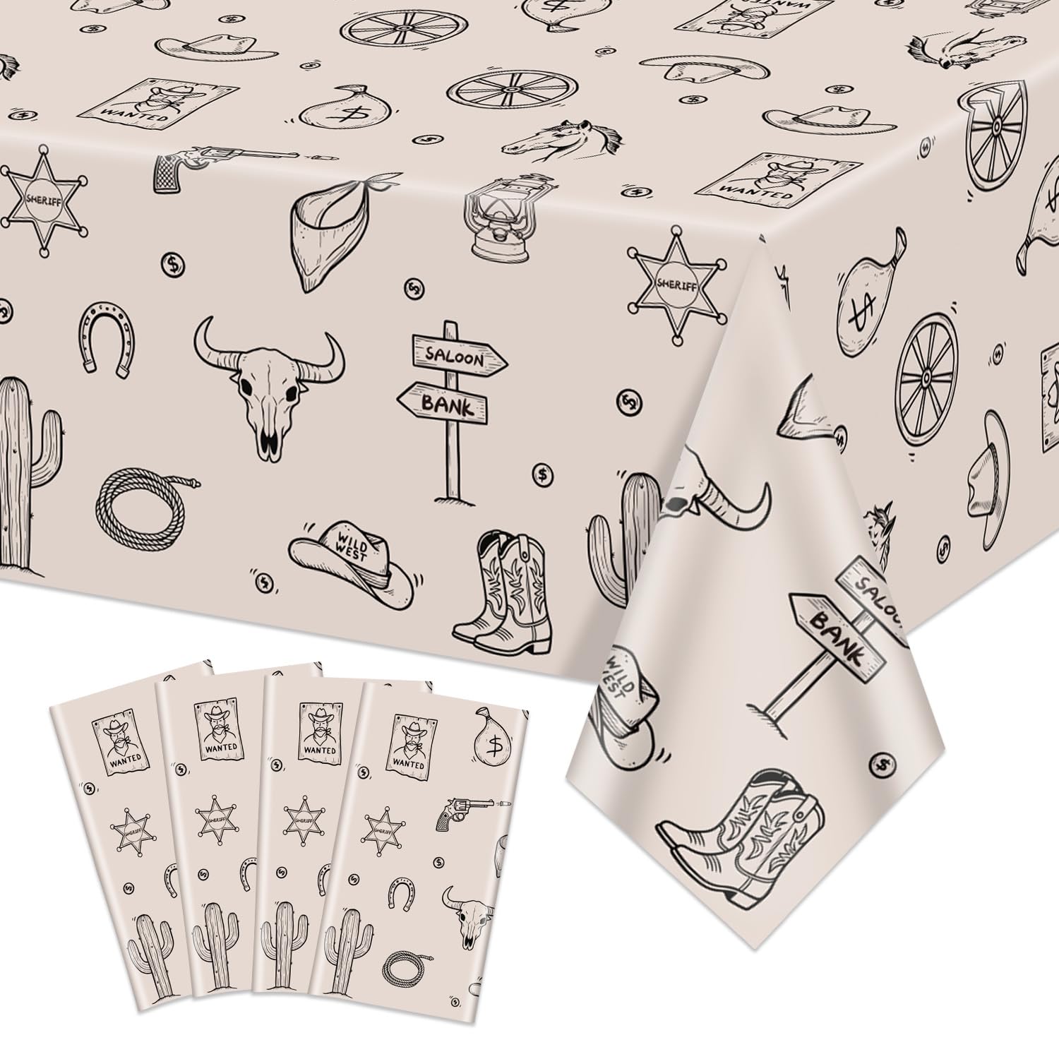 APUXXJUPA 4 Pcs Cowboy Party Tablecloths, Wild West Tablecloths Rodeo Party Decorations for Cowboy Theme Decorations Western Baby Shower, 130 x 220 cm