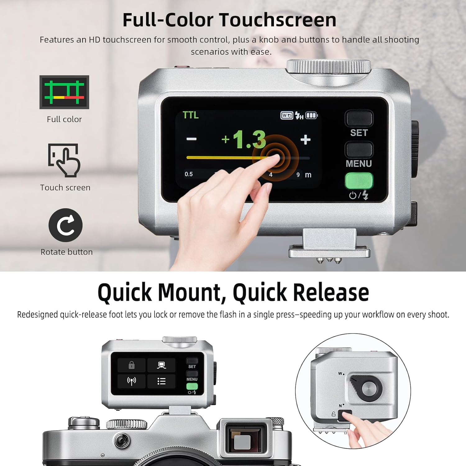 Godox iT30Pro-F Silver Pocket TTL Flash for Fujifilm Camera: 2.4G Wireless + Touchscreen (Equivalent to Built-in X3 Trigger), Li-ion Battery, HSS 1/8000s, 560 Flashes, Built-in Diffuser for Portrait