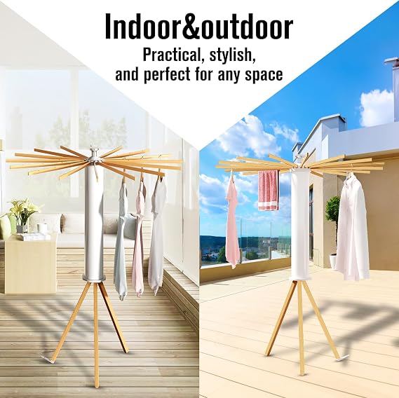 Tripod Clothes Drying Rack, Garment Rack Portable -16 Rotatable Arms for Hanger, Foldable Space Saving Laundry Drying Rack for Indoor Outdoor Apartment Balcony Bedroom Household, Wood