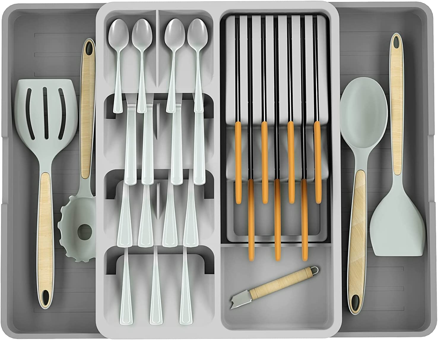 ANTOLEExpandable Kitchen Drawer Organizer with Knife Holder, Utensil Silverware Organizer Storage Tray, Compact Cutlery Expandable Organizer for Kitchen Drawer Holding Flatware Spoons Forks