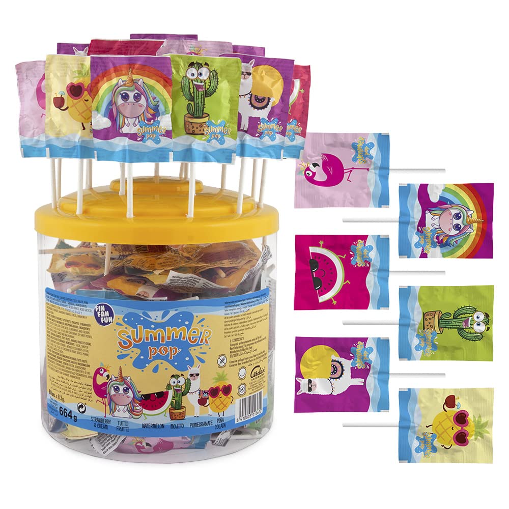 Caramelos Cerdán - Piruletas Summer Pop de Sabores Variados | Tarro de 80 Unidades | Caramelo Duro con Palo sin Gluten ni Alérgenos | Ideal para Fiestas, Navidad y Cumpleaños.