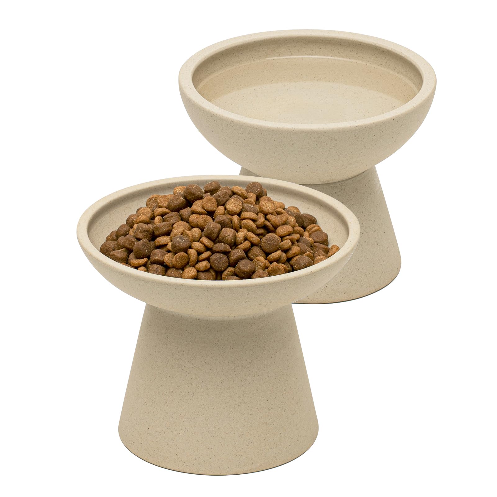 CEEFU 2 Elevated Cat Bowls Extra Wide for Food & Water – Whisker Fatigue, Ceramic Wide Shallow Food Dish, Lead & Cadmium Free, Raised Height for Cats, Pottery Clay (Not Glazed)