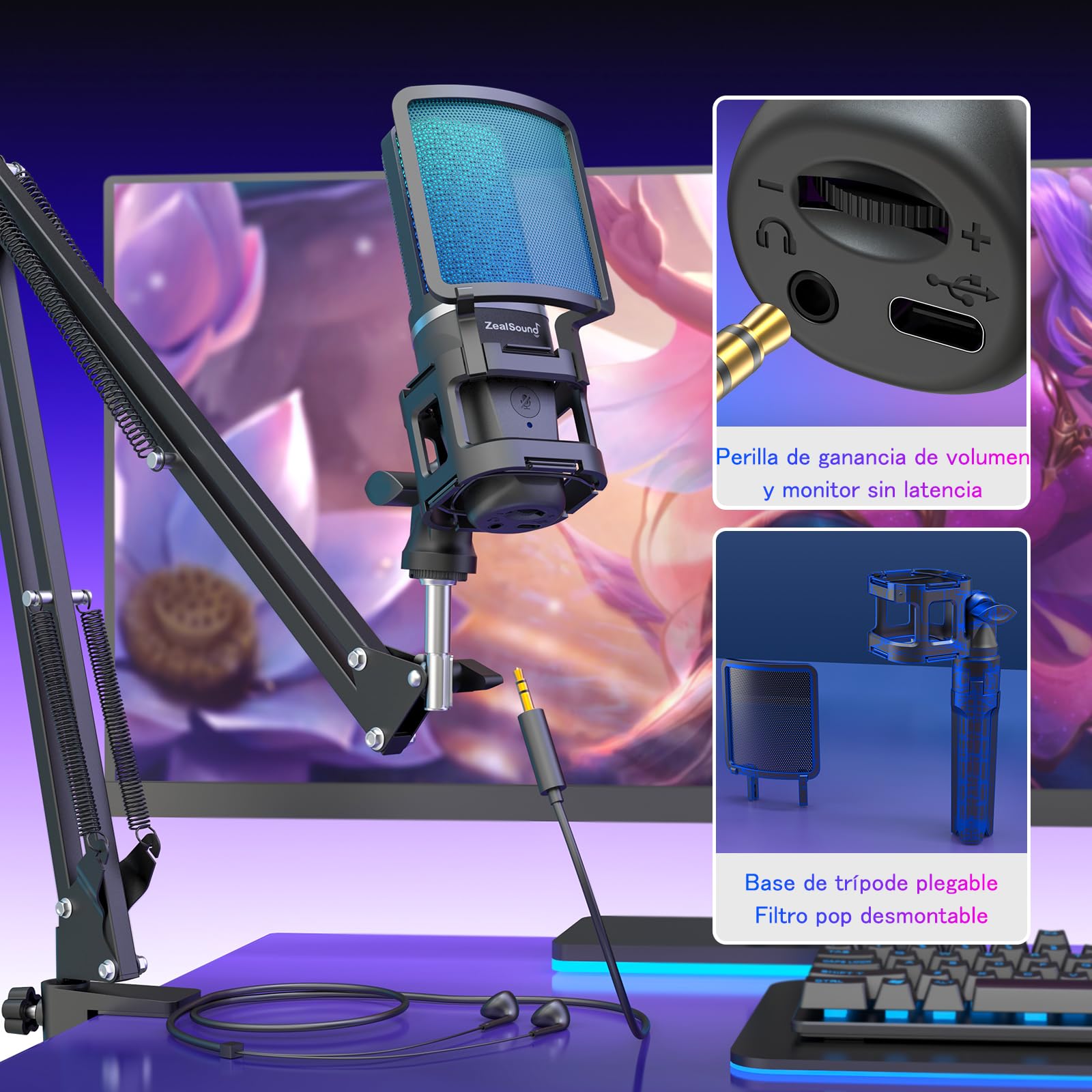 zealsound Gaming micrófonos USB, micrófono Condensador RGB, micrófono PC, Soporte con Brazo, cardioide, Silencio, Youtube/Zoom, transmisión en Vivo, en línea, Android/Windows/macOS/para PS 4&5