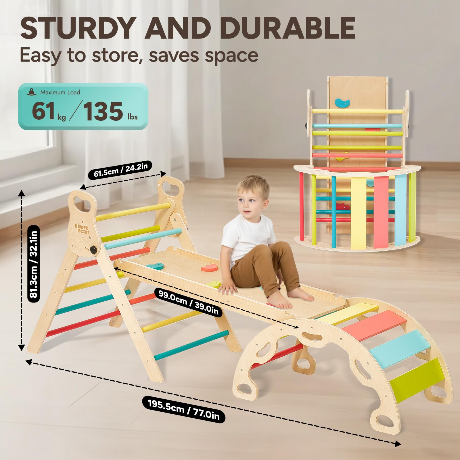 Giant bean 5-in-1 Montessori Kletterdreieck mit Kletterbogen und Rutsche, Holzdreieck für Kleinkinder ab 2-5, Indoor Kletterspielzeug, Regenbogen mit Griff, Hellbraun,