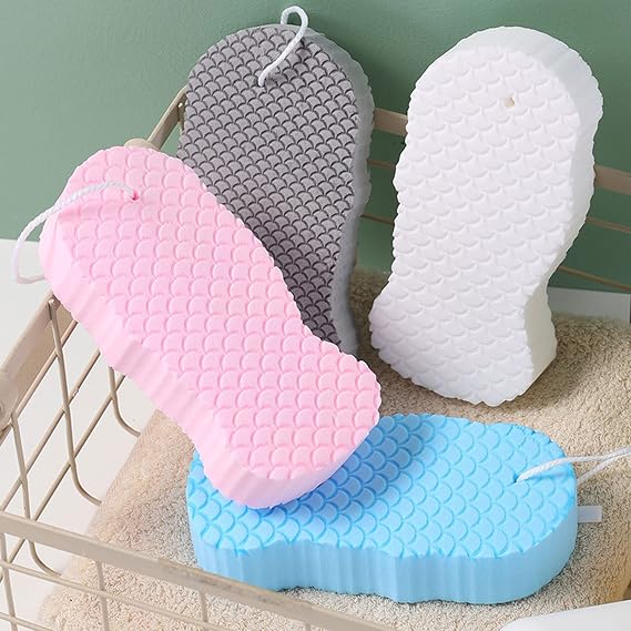 Exfoliating Bath Sponge 4Pcs, Double-Sided Shower Scrubber for Body Clean | 3D Dual-Sided Texture, Ultra-Soft PVA, Reusable Quick-Dry, Hanging Rope, for Men, Women, Kids