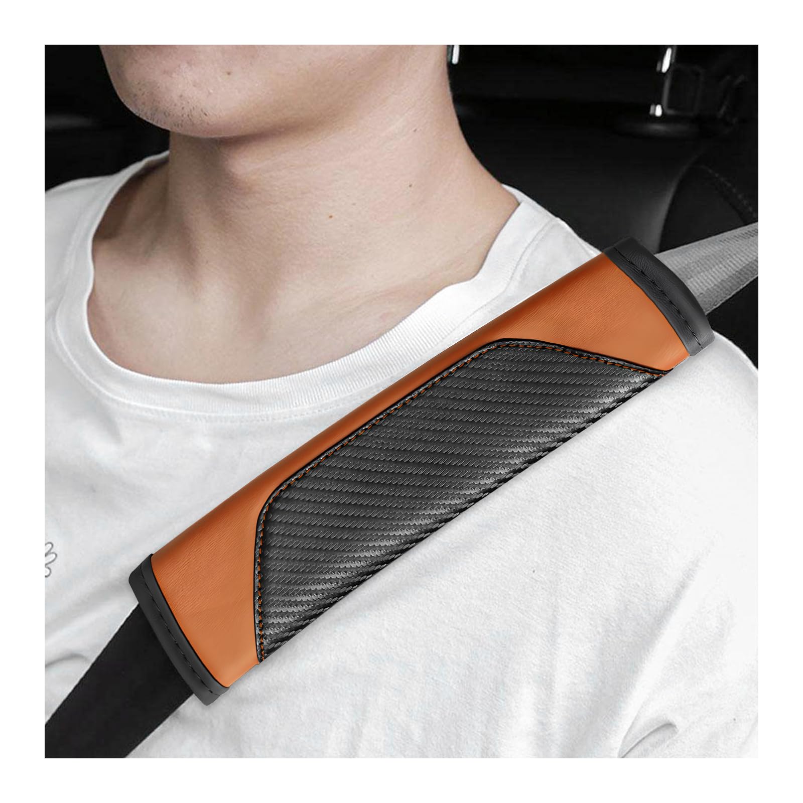 Sun Walker 2 PCS Car Seat Belt Cover, Carbon Fiber Soft Leather Auto Safety Belt Protective Cushion, Breathable Seatbelt Strap Pad for Protecting Your Neck &amp; Shoulder, Car Accessories (Orange)