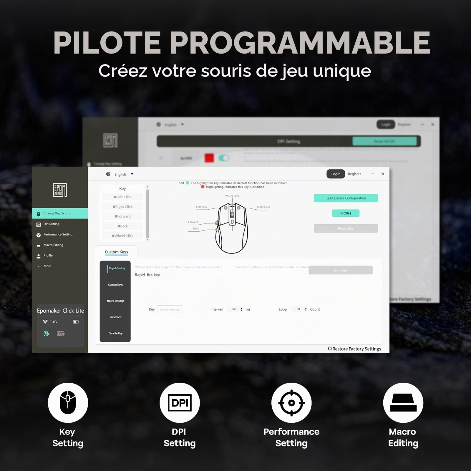 EPOMAKER Click Lite Souris de Jeu sans Fil, DPI Réglable 800 à 12 000