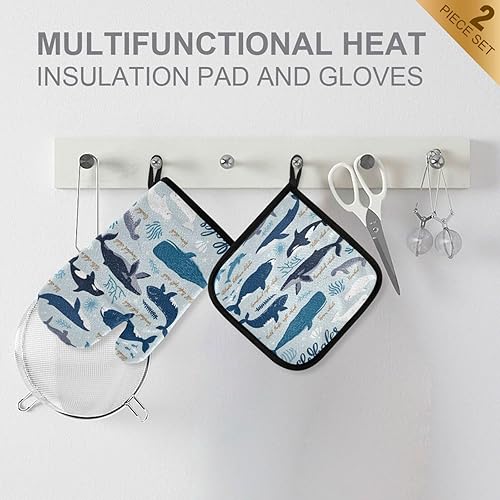 Miniatura 3 de Whales Sharks Seaweeds Juego de guantes de horno y soportes para ollas Sea World Life Guantes de horno de cocina, almohadillas calientes,