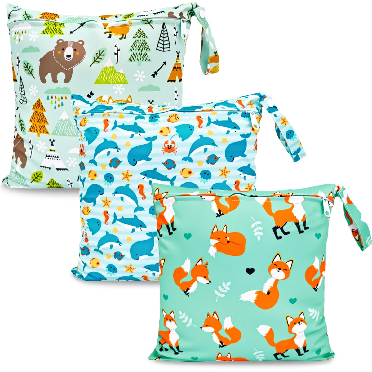 HOTLIKE Wetbag, Nassbeutel, 3 Stück Windeltasche Wickeltasche, Nasstaschen Wiederverwendbare Organiser Beutel Waschbar mit Reißverschluss für Baby Kleinkind Reisen Gym (Grün 2)