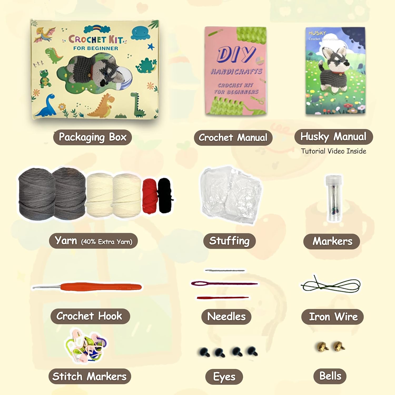 ABOUT RIGHT Crochet Kit for Beginners, Large 6.7” Husky Puppy Amigurumi Starter Kit with Step-by-Step Video Tutorials, Complete DIY Animal Crochet Set for All Ages, Style: Husky