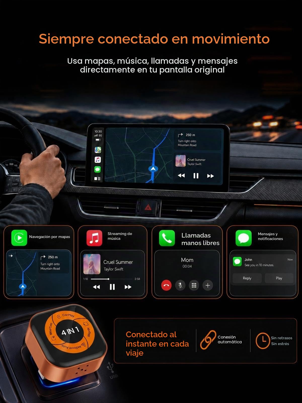 Spedal Adaptador Inalámbrico CarPlay 4 en 1 para AirPlay, MirrorLink