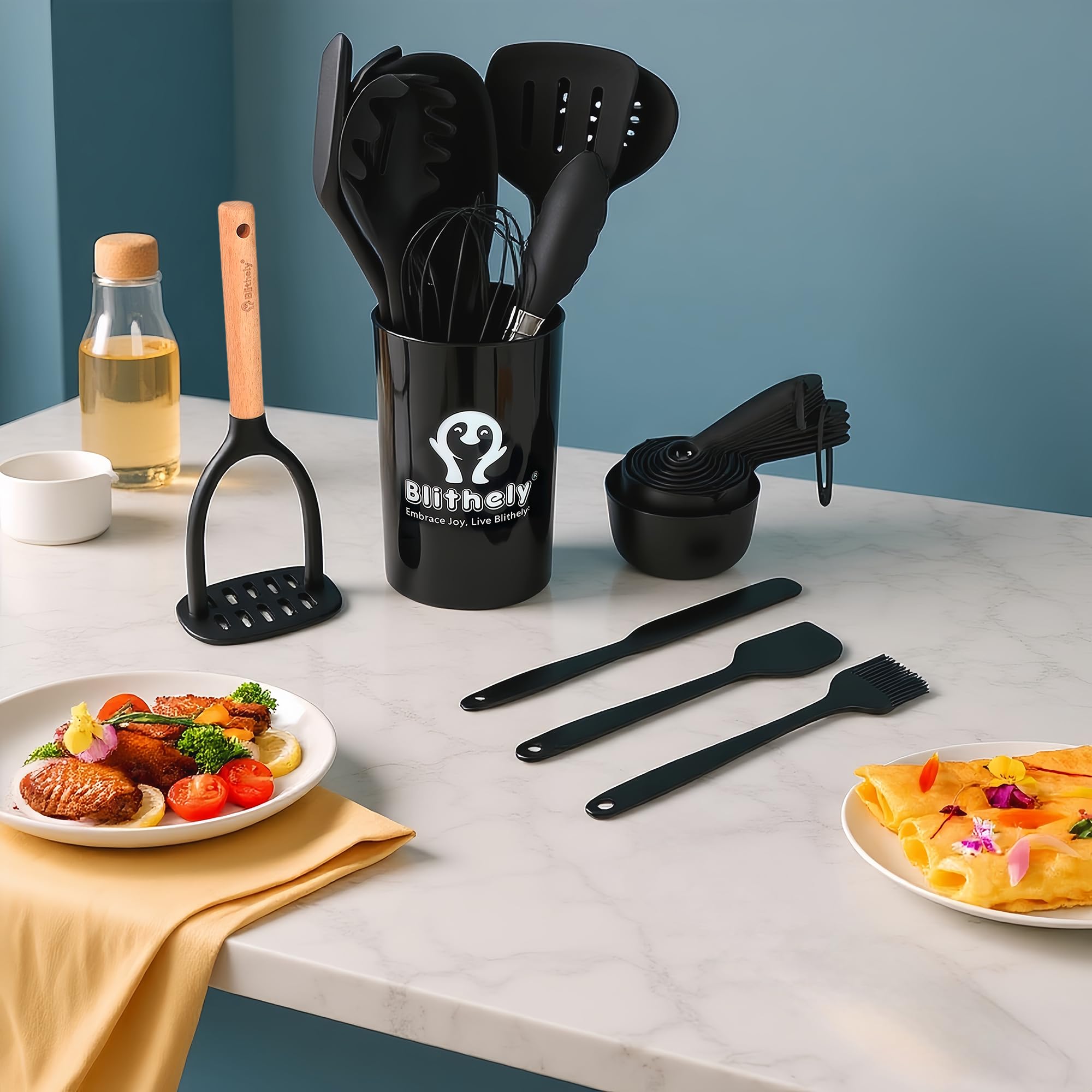 Silikon-Küchenutensilien-Set, Antihaft-Kochutensilien-Set mit Holzgriff, hitzebeständiges Spatel-Set zum Kochen, BPA-freies Silikon, Küchenhelfer mit Löffeln, Pfannenwendern (schwarz), 25-teilig