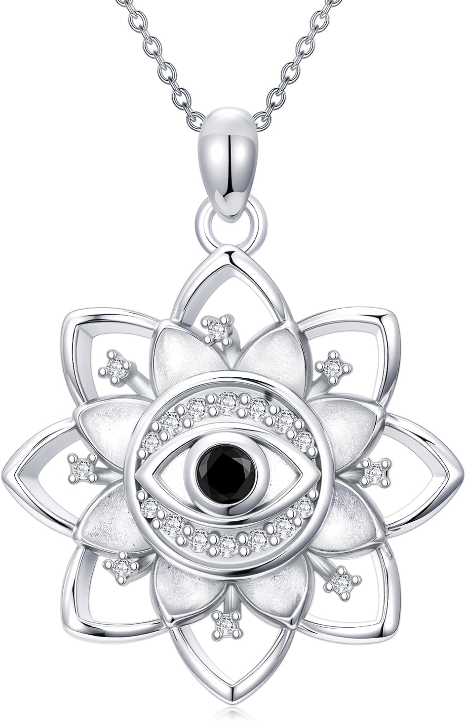 ZBA Natural Diamond Evil Eye Louts Necklace for Women, 18K Gold Plated Sterling Silver Lucky Protection Gifts for Her Mom, 18+2 Inches(Color F-G/Clarity I1-I2)