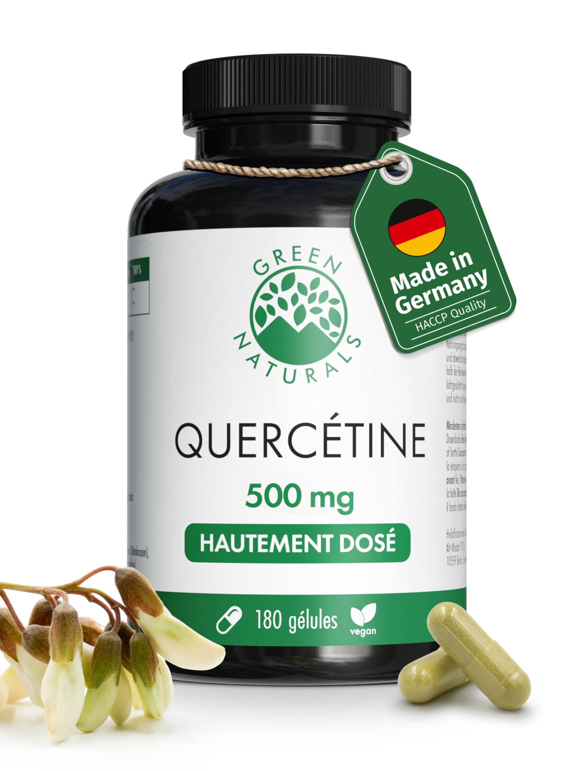 Green Naturals® Quercétine hautement dosée – 500 mg avec extrait naturel de Sophora du Japon (Sophora japonica) – 100% végétalien et sans additifs – 180 gélules (6 mois)