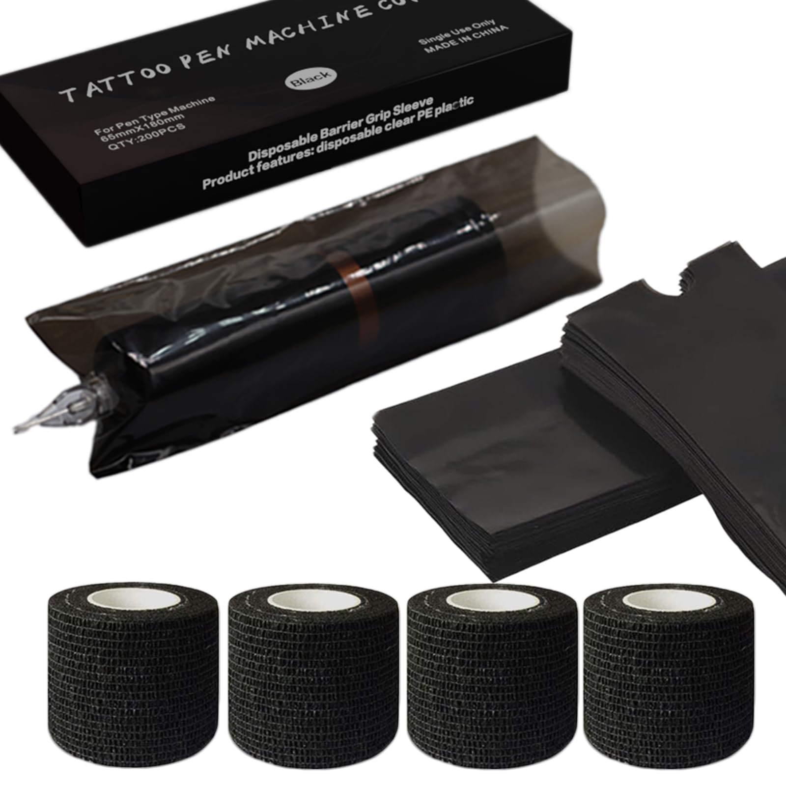 204Pcs Tattoo Pen Covers & Grip Wrap - Black, 200 Covers & 4pcs Grip Tape, Tattoo Machine Parts, Adult
