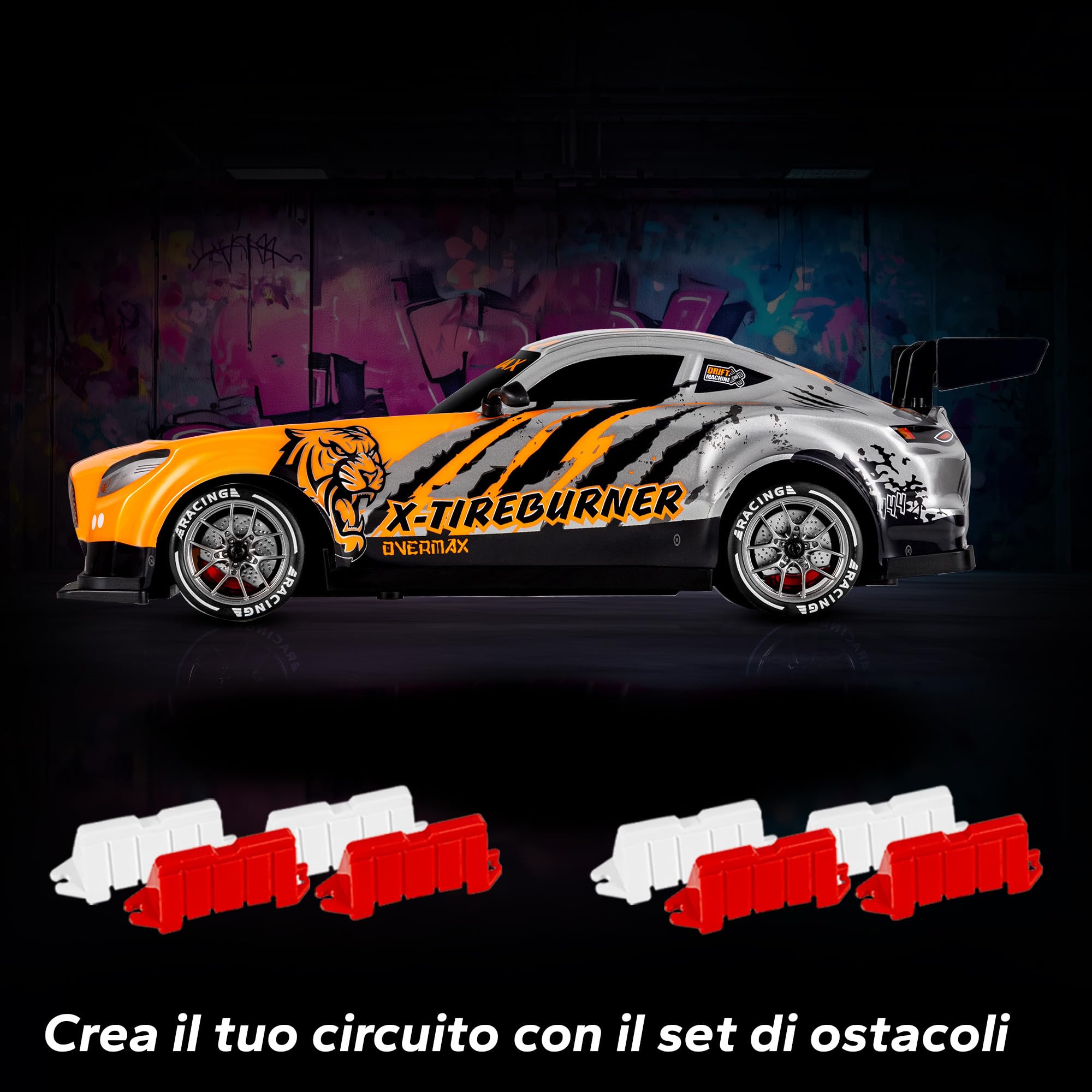 Overmax X-TIREBURNER Macchina Radiocomandata RC per Drift, Macchina Telecomandata per Bambini 8+, 1:16, 20 km/h Portata fino a 80 m, 4WD, 2 Batterie 500 mAh Set di Ruote e Ostacoli Scocca Accessoria