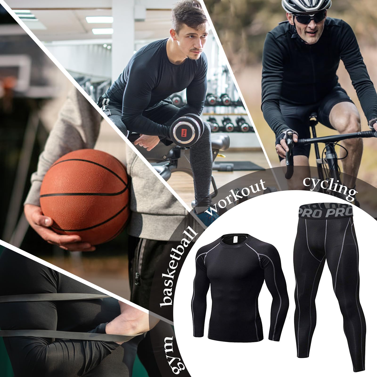 Set di biancheria intima termica da uomo a maniche lunghe con collo alto e pantaloni lunghi per allenamento, sci, corsa, escursionismo