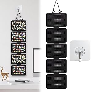 Exhibidor de pines de 5 capas con ganchos, soporte de exhibición de llavero, vitrinas de dedal, organizador de joyas de montaje en pared para aretes, collares y accesorios, color negro