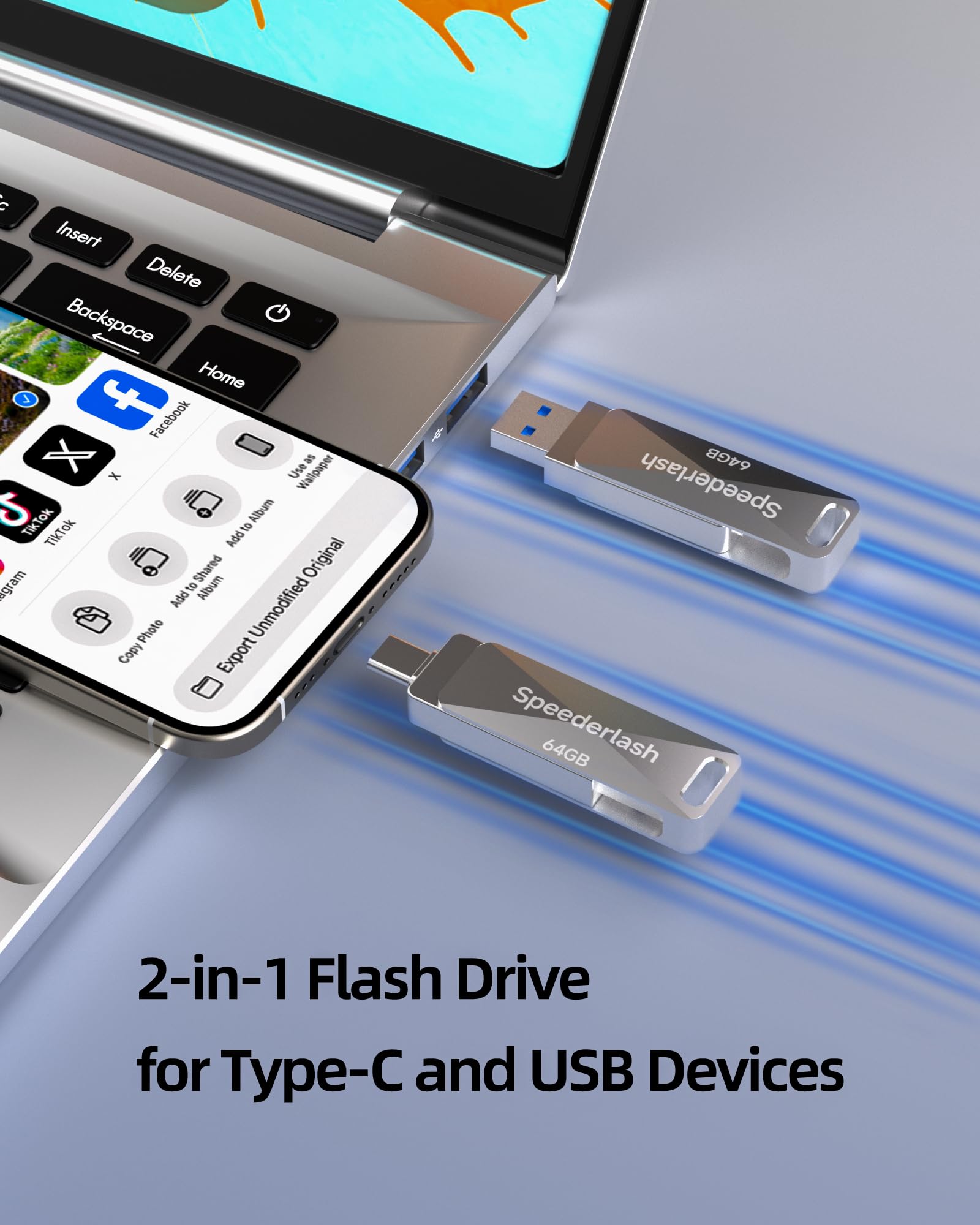 Speederlash pamięć flash 64 GB, podwójny pendrive USB A i typu C, prędkość odczytu 200 MB/s, obrotowa metalowa obudowa, pamięć 2 w 1, do telefonów z systemem Android, tabletów, laptopów i komputerów