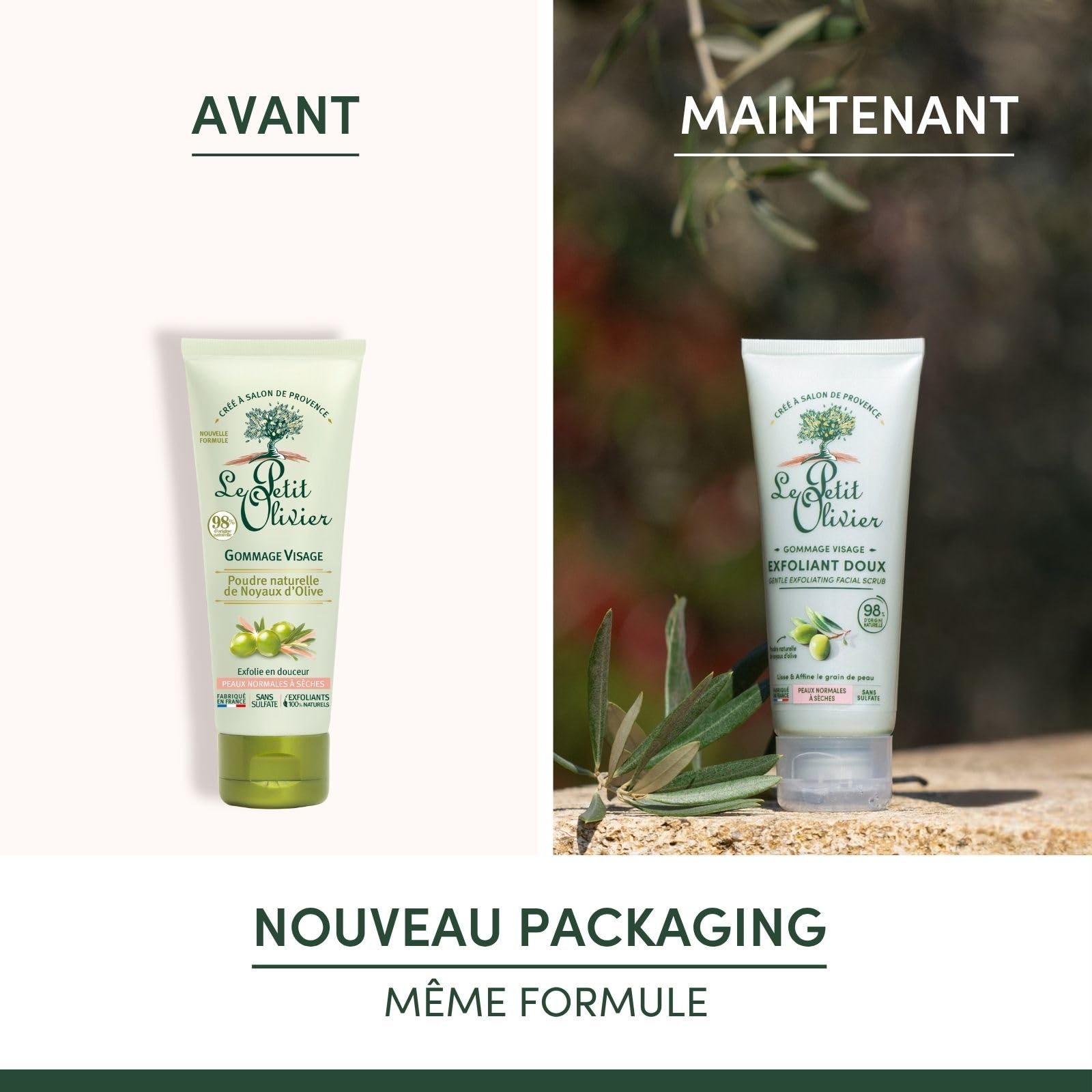 THE PETIT OLIVIER - Peeling do twarzy - Naturalny proszek z pestek oliwkowych - złuszcza i wygładza - normalna skóra sucha - 98% pochodzenia naturalnego - bez siarczanów - Wyprodukowano we Francji -