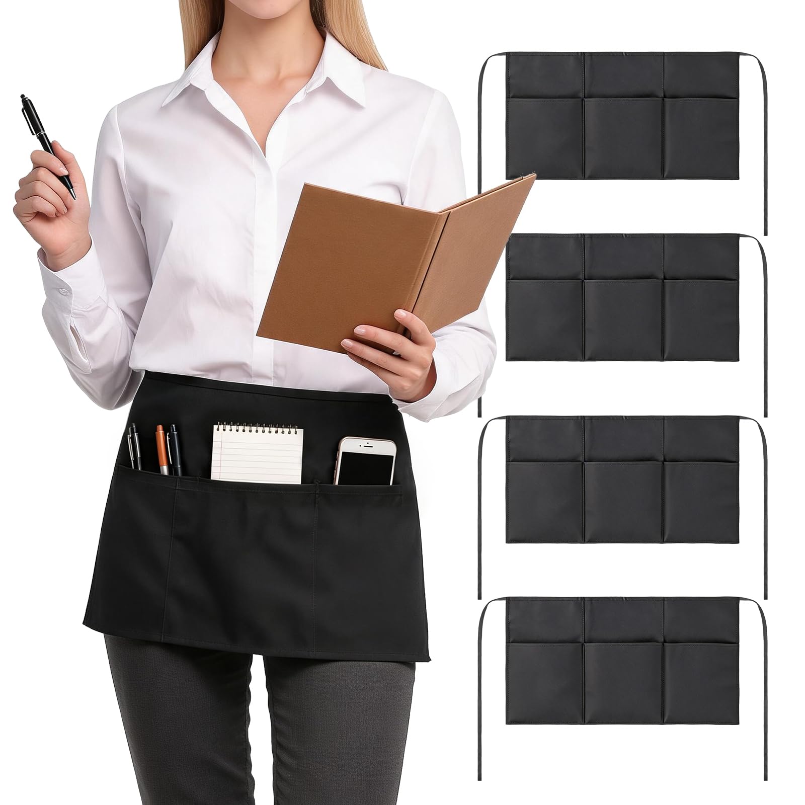 IONEKIUK 4PCS Black Waist Apron Waterproof Waitress Apron 3 Pockets