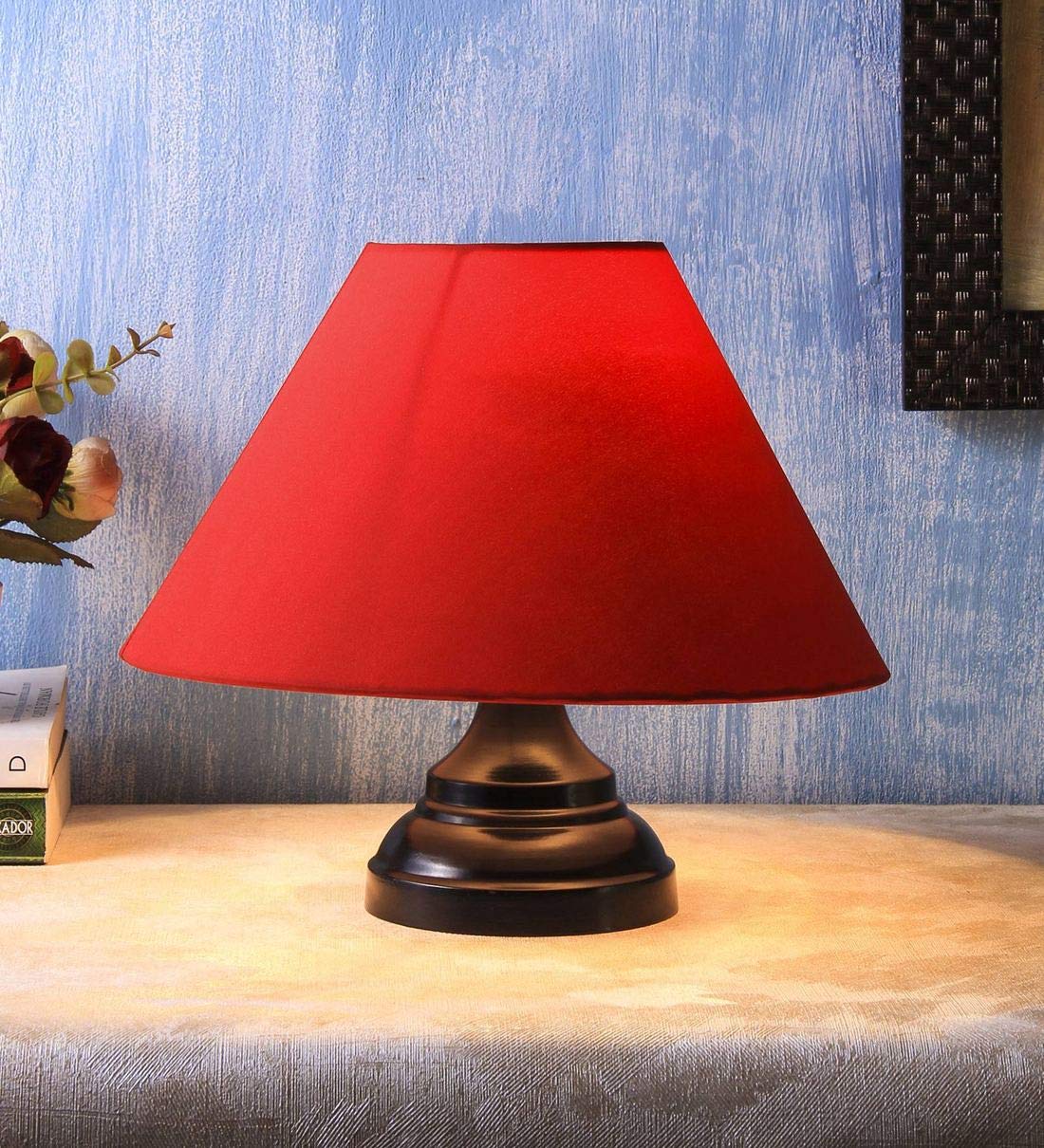 Fabric Medium Shade Metal Base Table Bedside Bedroom Lamp (Red, Black)