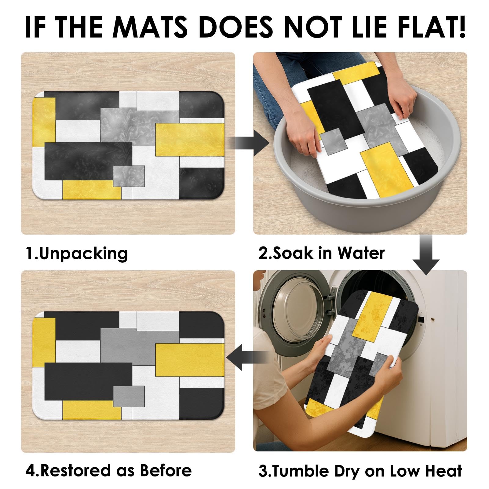 Juego de cortina de ducha geométrica amarilla con cubierta de tapa de inodoro y alfombras antideslizantes para baño, cortina de ducha de 4 piezas, juego de baño abstracto moderno con 12 ganchos 4