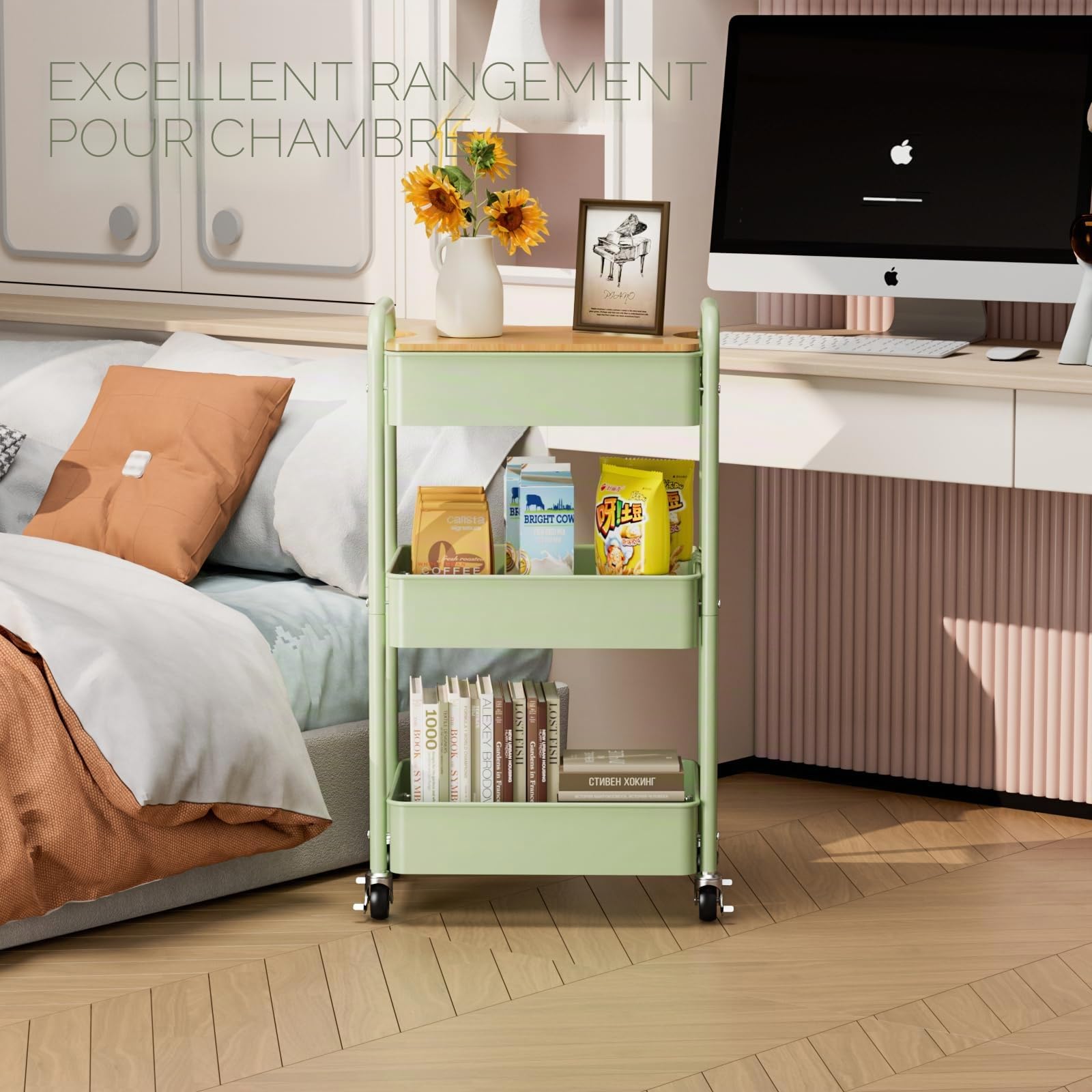Chariot à 3 Niveaux avec Plateau de Table, Service Polyvalent en Métal, Étagère sur Roues, Organiseur de Cuisine Stable (Vert)
