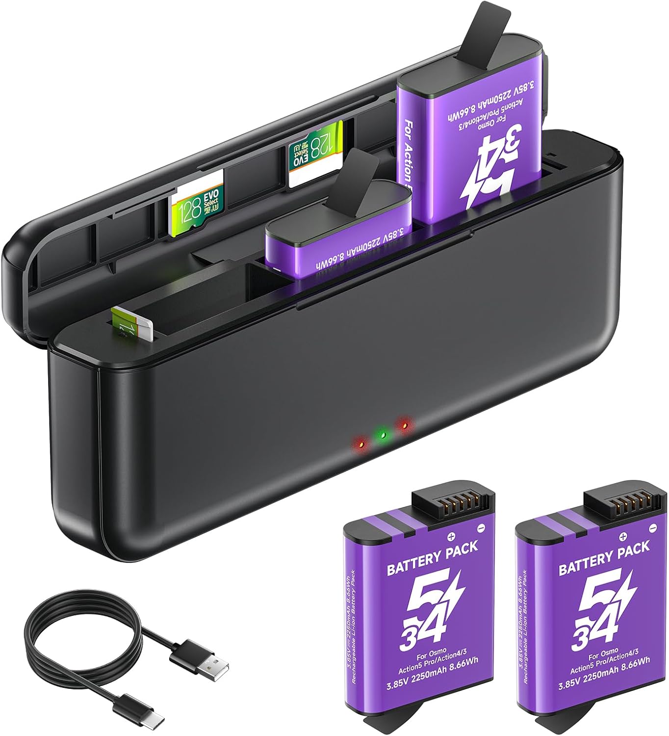 Osmo 360/Action 6/5 Pro/4/3 Akumulatory 2250mAh Z ładowarką dla -DJI Osmo 360 / Action 6 / Action 5 Pro/Action 4 / Action 3, Z kablem typu C, miejscem do pamięci kart TF