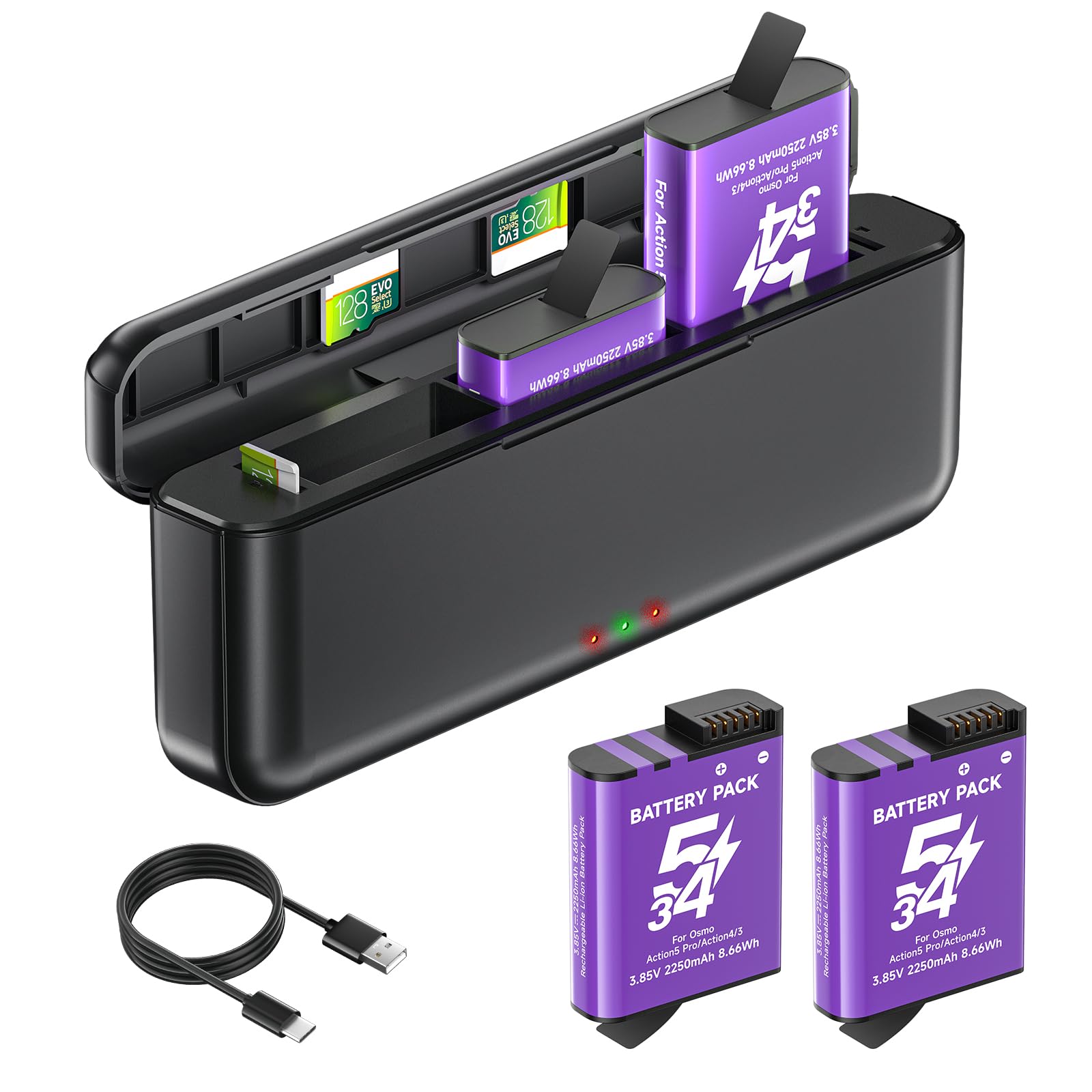 Osmo Action 6/5 Pro/4/3/360 Baterías y Cargador - 2250mAh Baterías para dji Osmo 360/Action 6/Action 5 Pro/Action 4/3, Estuche de Carga rápida USB con Cable Tipo C (2*Baterías+1*Cargador)