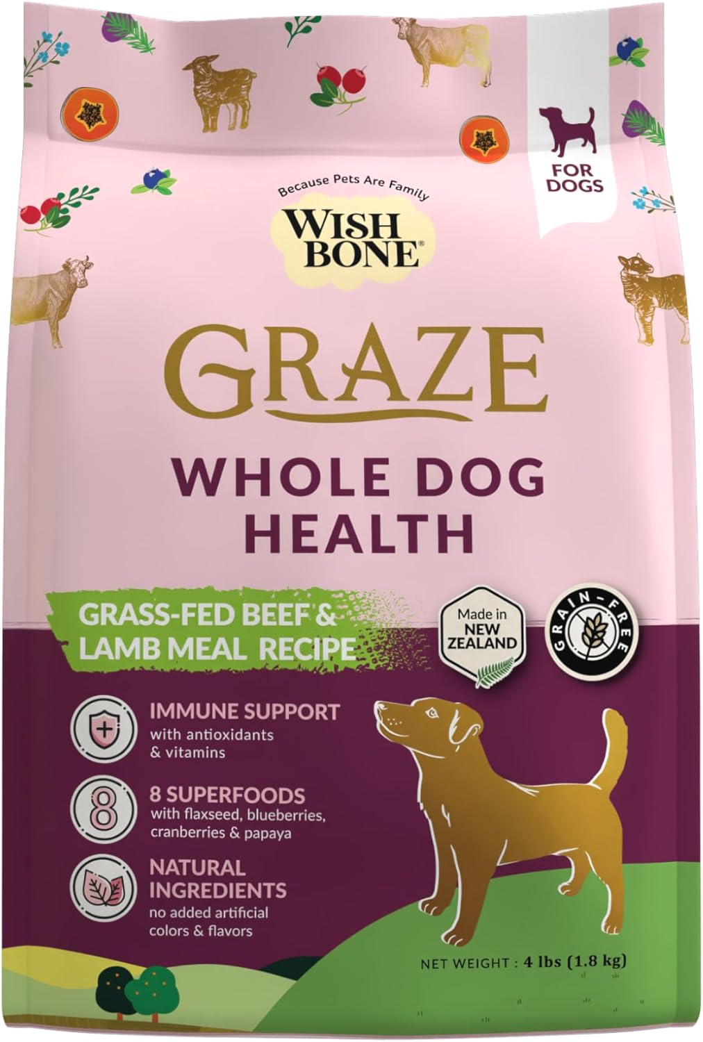 Wishbone Graze New Zealand Beef and Lamb Dry Dog Food, Gluten-Free, Grain-Free Formula for Overall Pet Health - 4 lb