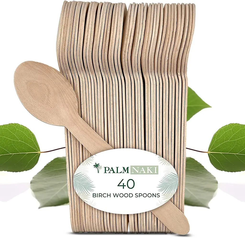 Palm Naki Birchwood Cutlery (40 Count) - Disposable Dinnerware, Eco-Friendly, Compostable and Biodegradable Cutlery (Spoons)