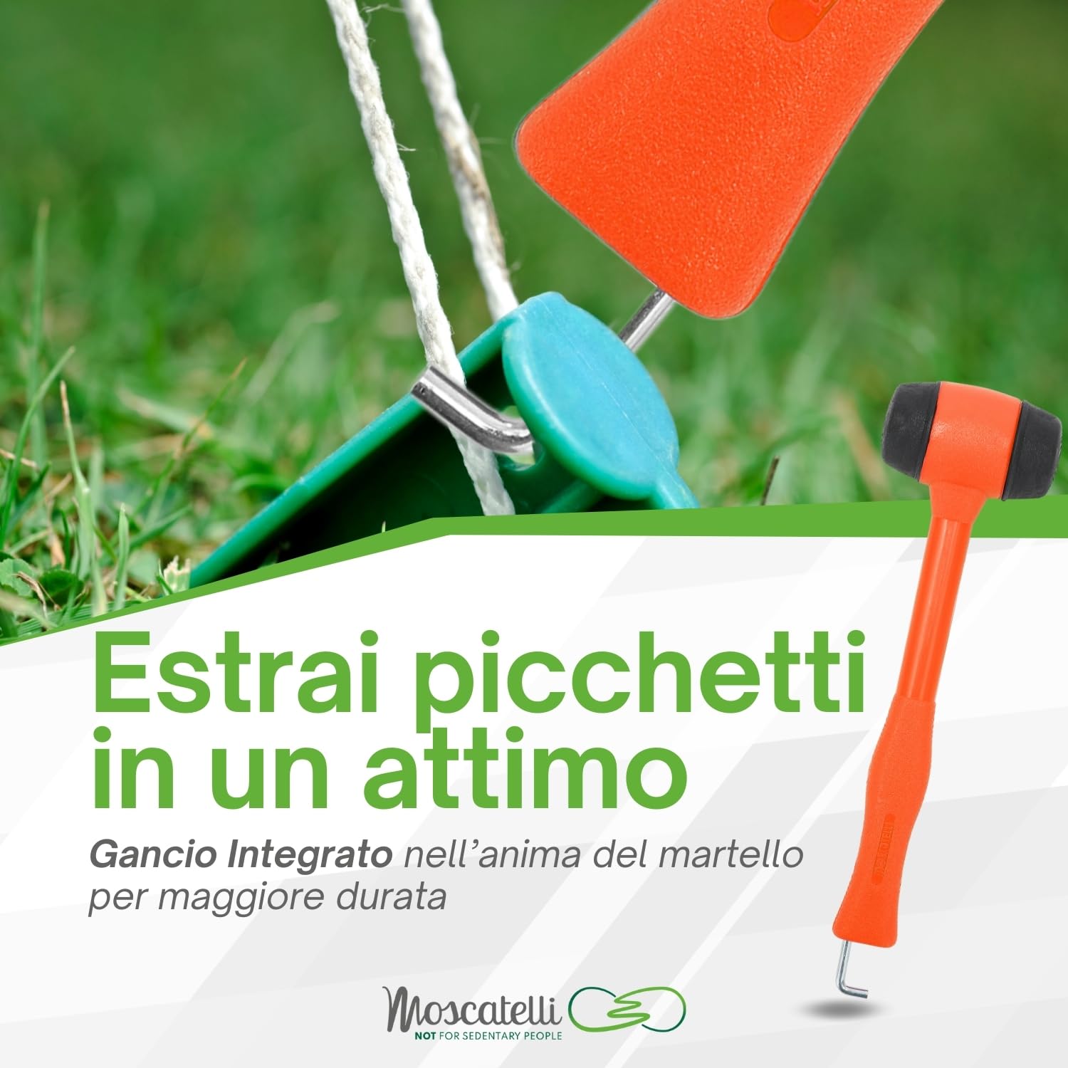 Moscatelli Martello Campeggio Polivalente, Robusto ed Ergonomico con Gancio per Estrarre Picchetti – Leggero, Compatto e Resistente, Ideale per Terreni Morbidi, Umidi e Misti - Arancio