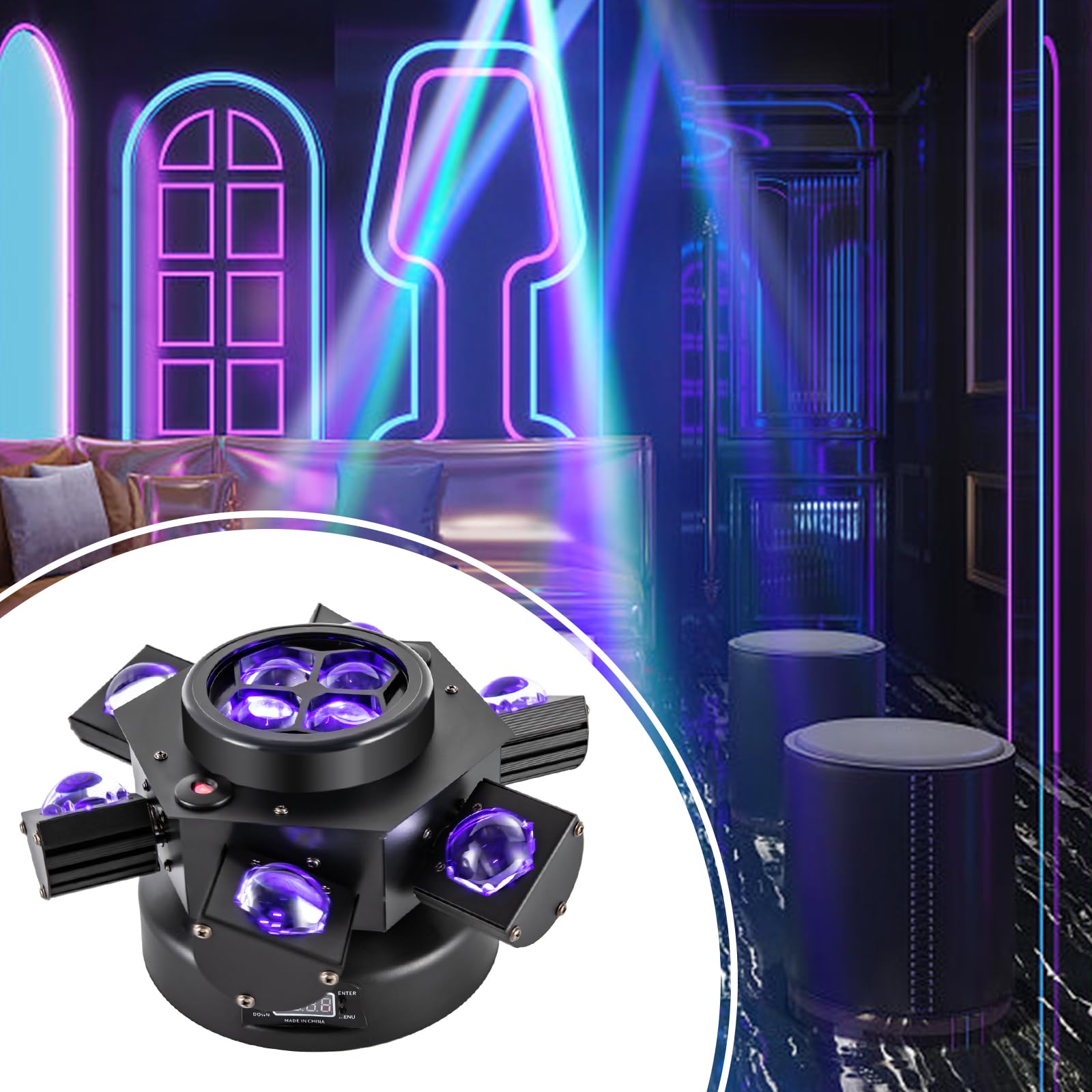 150W Moving Head Licht Partylicht Scheinwerfer RGBW LED Strahler Bühnenlicht mit 512 Soundaktivierter Lichteffekt mit 6 Lichtarmen für Weihnachten DJ Bar Geburtstag Disco Hochzeit