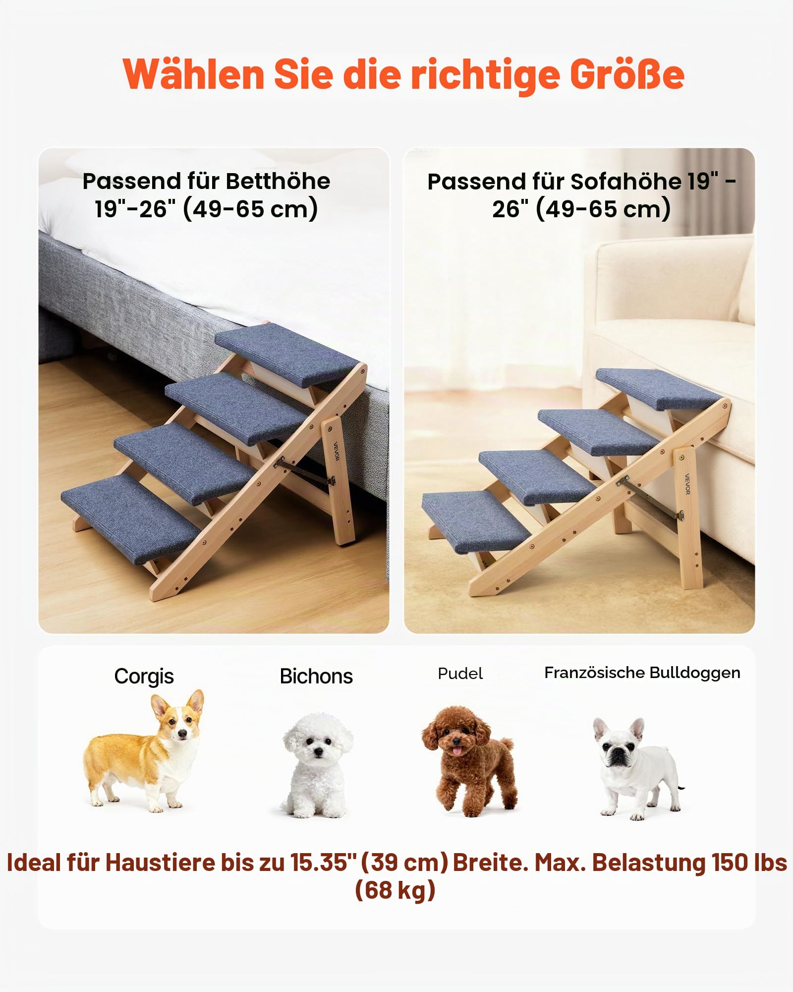 VEVOR Hundetreppe 630x470x490 mm, 4-stufige Hautiertreppe, klappbare Holztreppe geeignet für kleine, mittlere, große, ältere Haustiere sowie Welpen bis 68 kg, Hundeleiter für Betten, Sofas & Autos