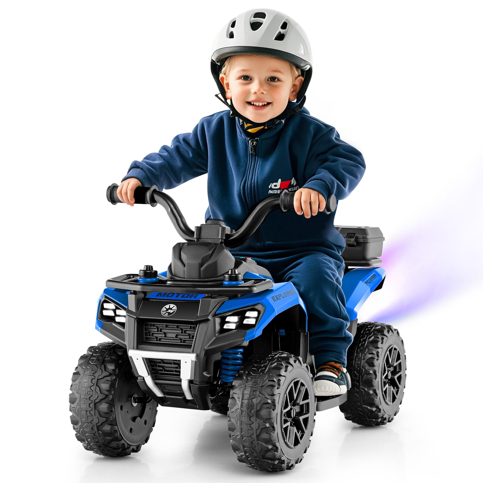 COSTWAY 6V Kids Electric Ride on ATV Car, Battery Powered Quad Bike with Horn, Music, Spray Function, LED Lights, Storage Basket, for 18 Months+ Old Boys Girls (Blue)