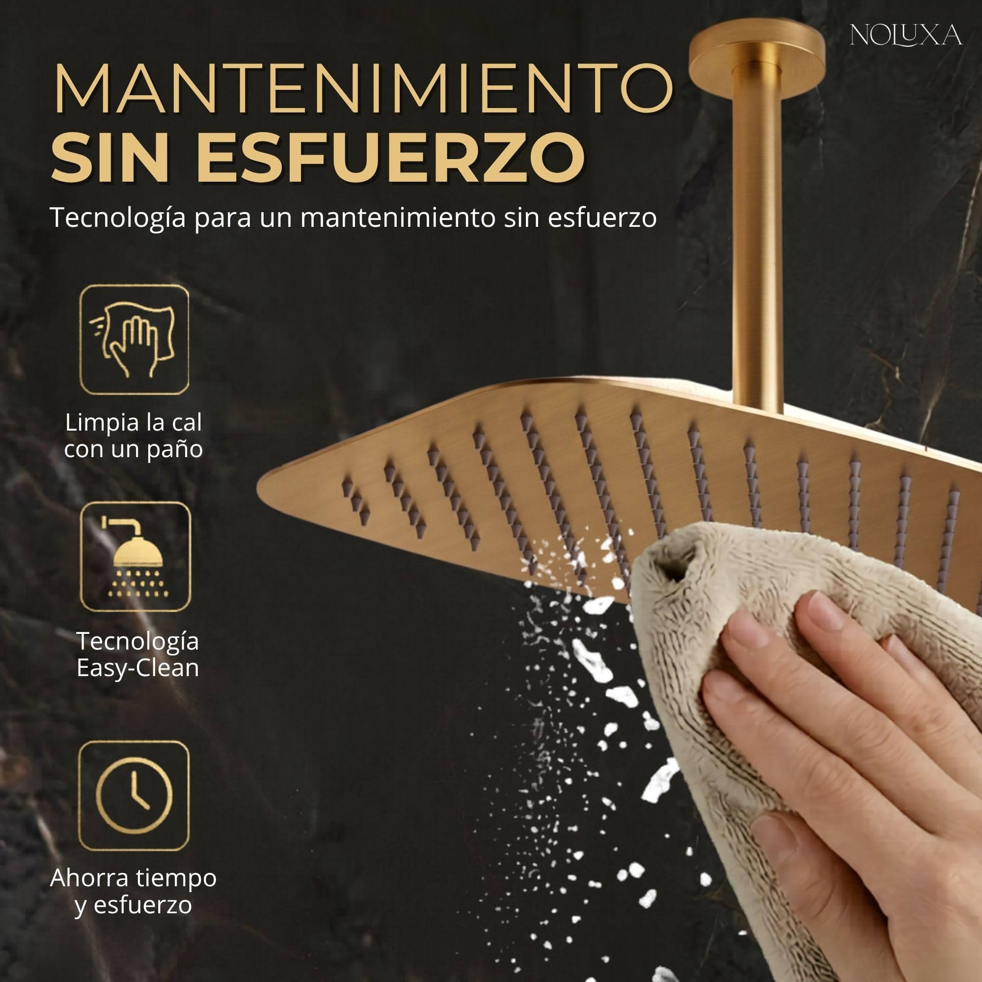 IMEX - Ducha Empotrada Techo Termostática Dorada | Conjunto Empotrado de Grifería con Alcachofa y Rociador Antical Efecto Lluvia | Ducha Empotrada con Grifo en Latón y Acero Inox S.304 | Serie Arezzo