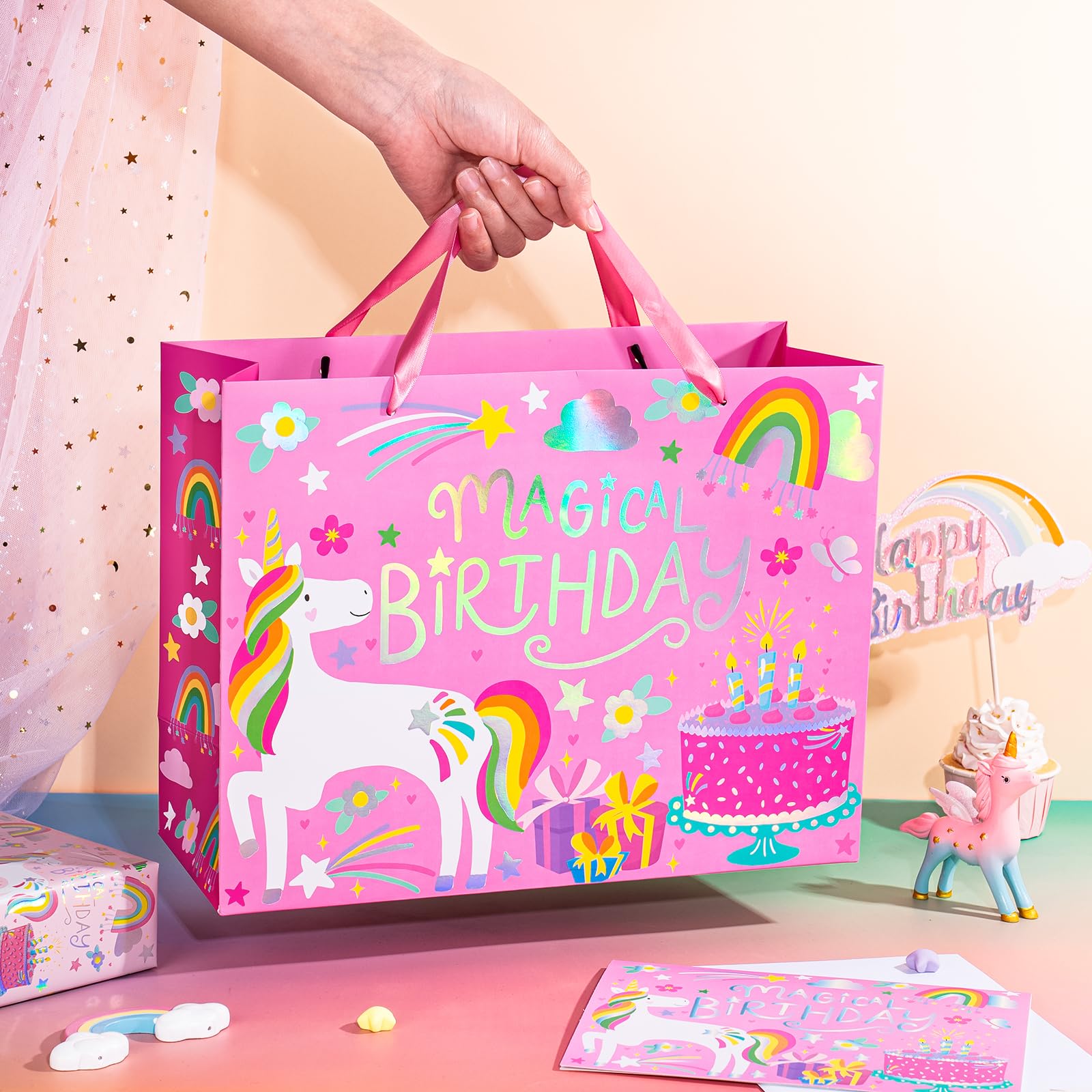 WRAPAHOLIC 13" Large Unicorn Birthday Gift Bag with Card and Tissue Paper - Rainbow Foil Unicorn Paper Bags for Baby Girl Shower and Birthday
