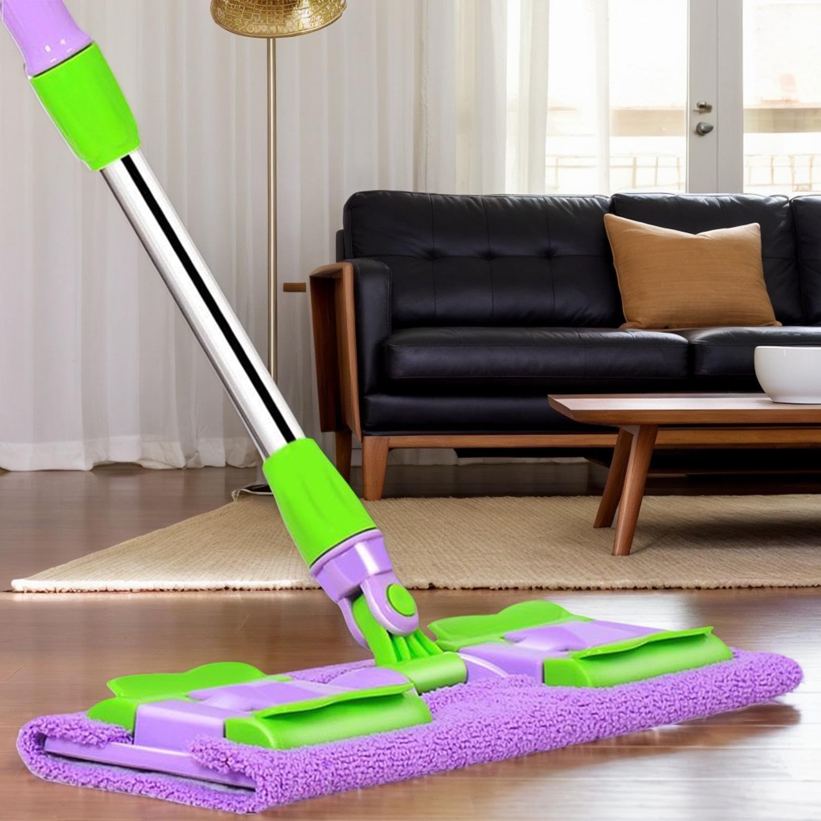 Serpilla para parquet (4 cabezales lavables para suelo seco y húmedo, rotación de 360 grados, para suelos de baldosas de parquet, exterior, terraza, mango telescópico)