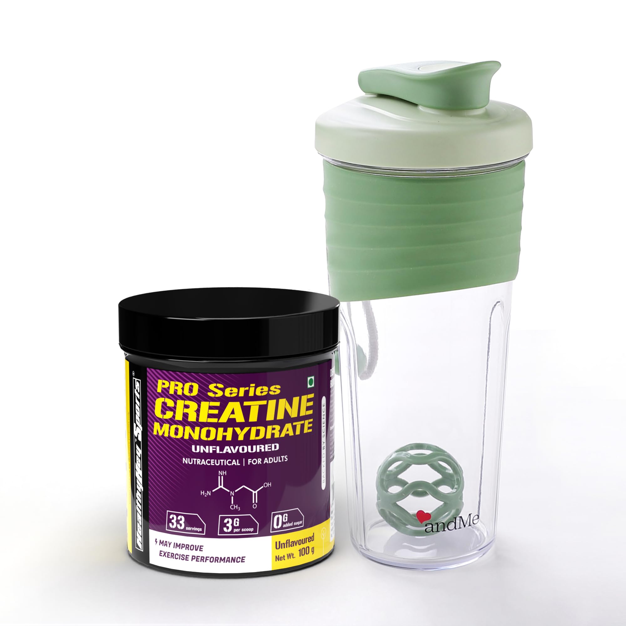 HealthyHey Sports Creatine Monohydrate for Muscle Building & Performance - 33 Servings (Unflavoured, 100gm) + AndMe Protein Shaker Bottle (700ml) Green - Gym Shaker for Men & Women Workout-picture-10