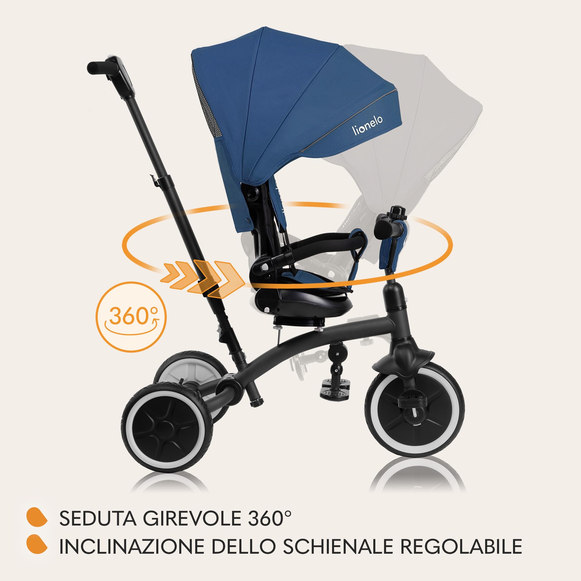 LIONELO Tris Plus 2in1 Bicicletta Triciclo e Passeggino pieghevole per bambini da 9 mesi fina a 25kg Sedia 360gradi Fronte Mamma o Strada Bici regolabile e compatta Borsa Portabibite Ruote PU (Blue)